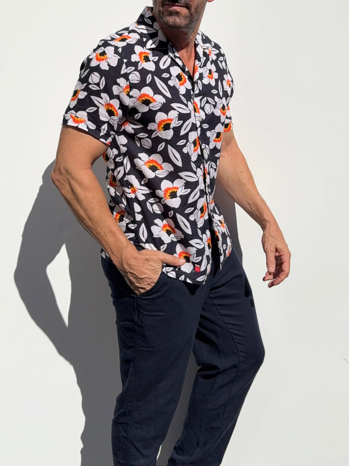 Orange & Navy Camp Party Shirt on Linen- Small Batch #677