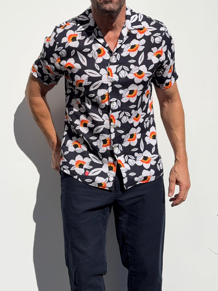 Orange & Navy Camp Party Shirt on Linen- Small Batch #677