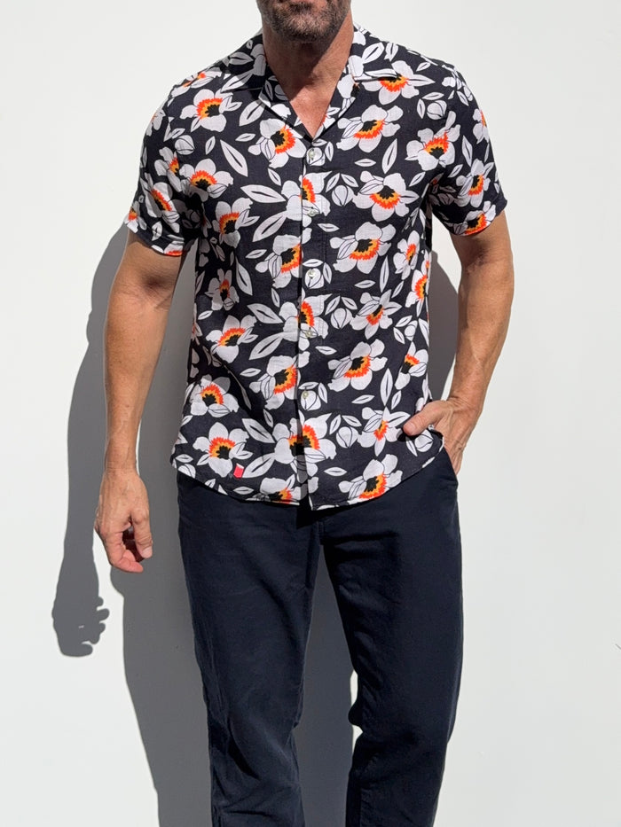 Orange & Navy Camp Party Shirt on Linen- Small Batch #677