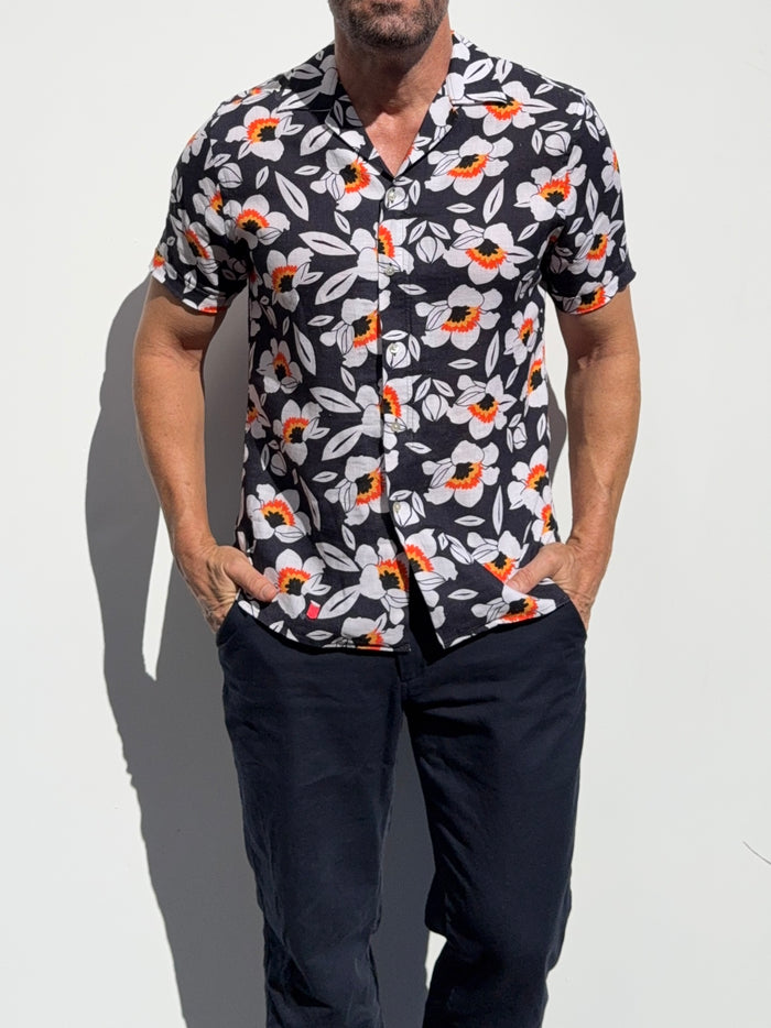 Orange & Navy Camp Party Shirt on Linen- Small Batch #677