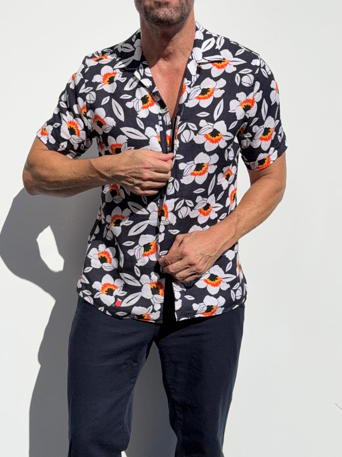Orange & Navy Camp Party Shirt on Linen- Small Batch #677