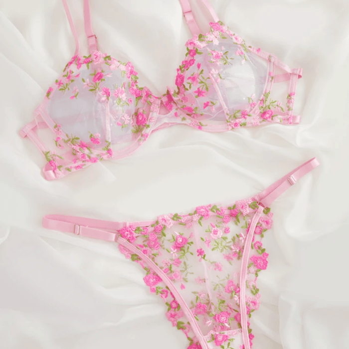 pink lace floral lingerie set