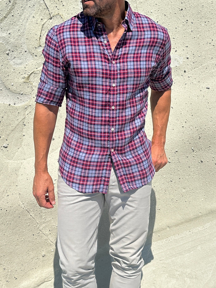 Plaid Linen - Red on Light Gray Plaid Linen