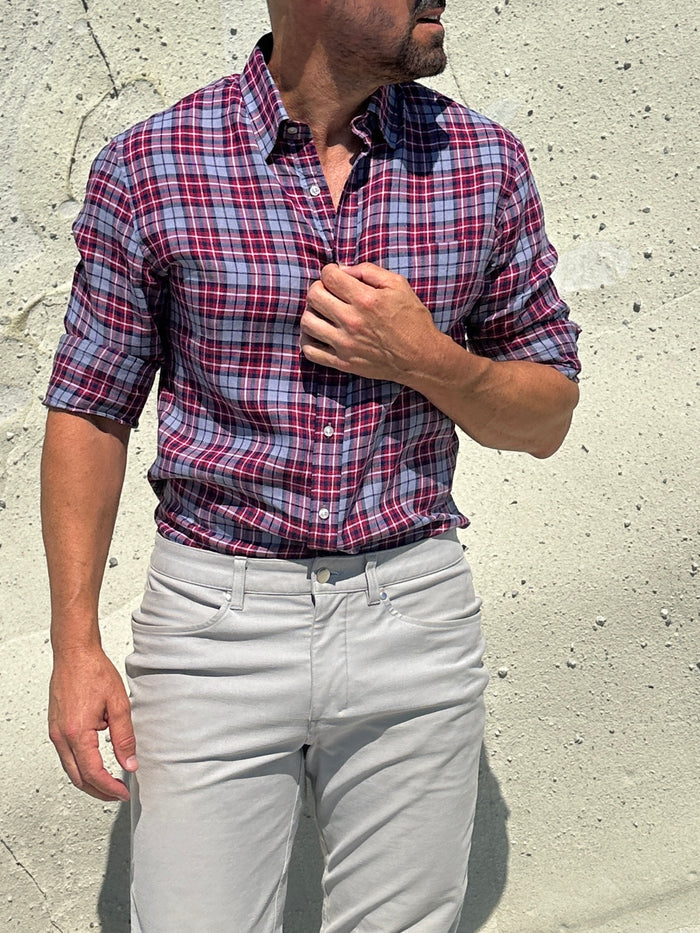 Plaid Linen - Red on Light Gray Plaid Linen
