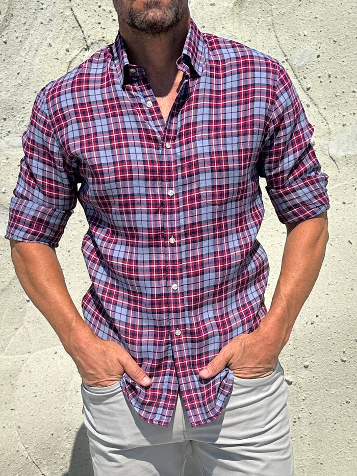 Plaid Linen - Red on Light Gray Plaid Linen