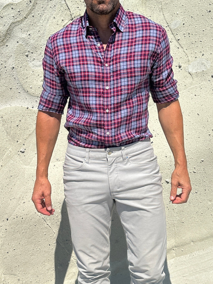Plaid Linen - Red on Light Gray Plaid Linen