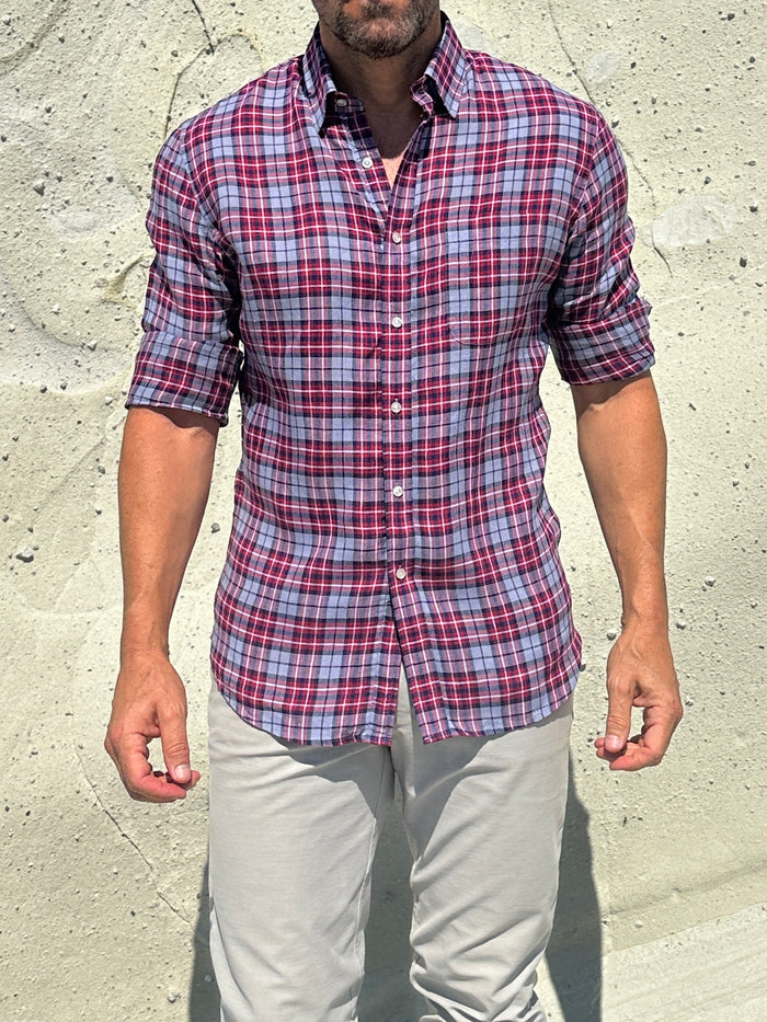 Plaid Linen - Red on Light Gray Plaid Linen