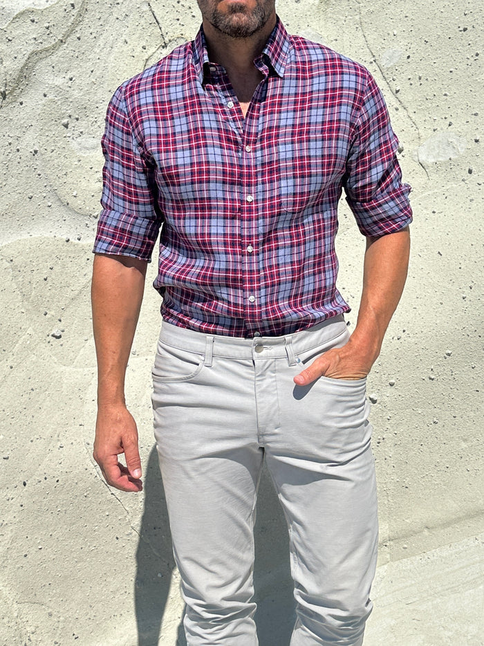 Plaid Linen - Red on Light Gray Plaid Linen
