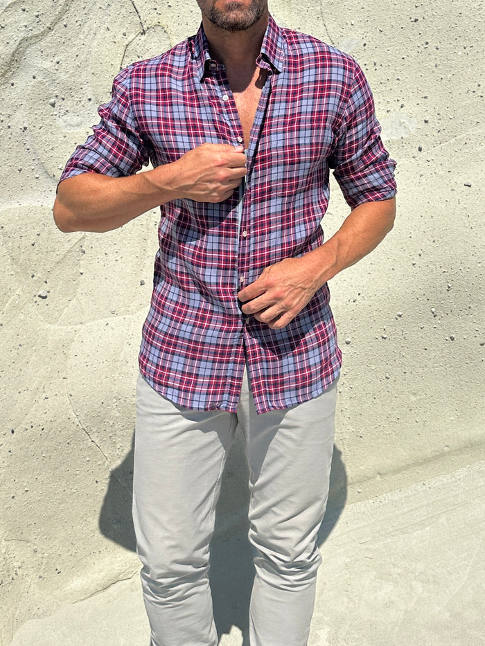 Plaid Linen - Red on Light Gray Plaid Linen