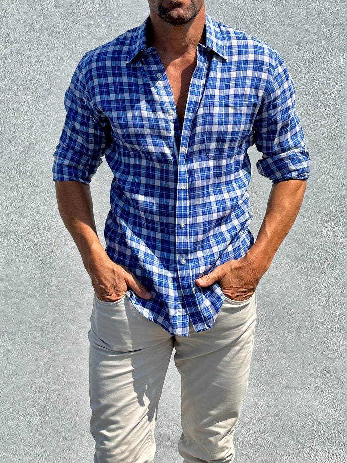 Plaid Linen - White & Blue Plaid Linen