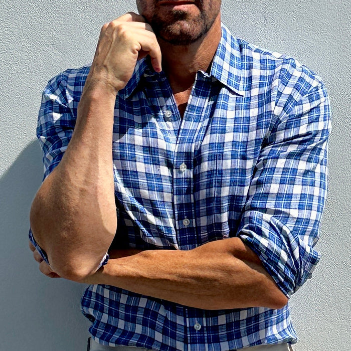 Plaid Linen - White & Blue Plaid Linen