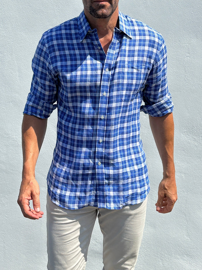 Plaid Linen - White & Blue Plaid Linen