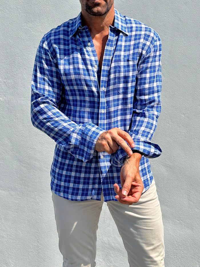 Plaid Linen - White & Blue Plaid Linen