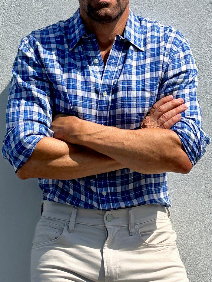 Plaid Linen - White & Blue Plaid Linen