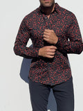 Red Floral Party Shirt - Red Flowers on Navy