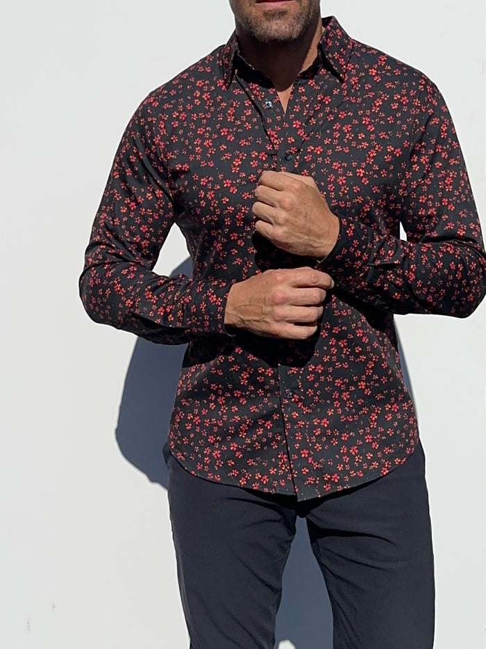 Red Floral Party Shirt - Red Flowers on Navy