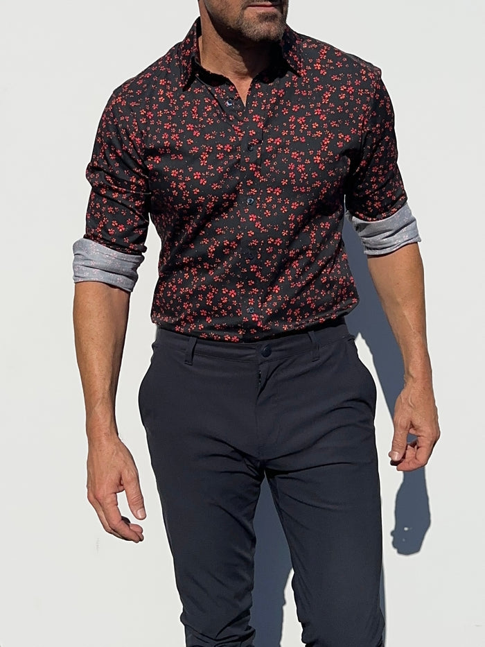 Red Floral Party Shirt - Red Flowers on Navy