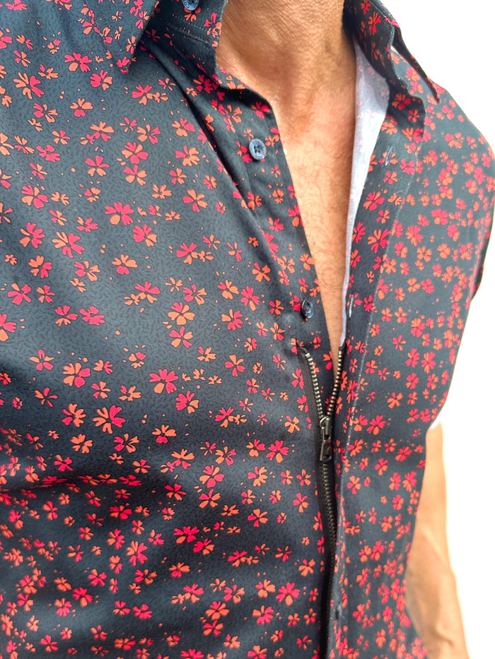 Red Floral Party Shirt - Red Flowers on Navy