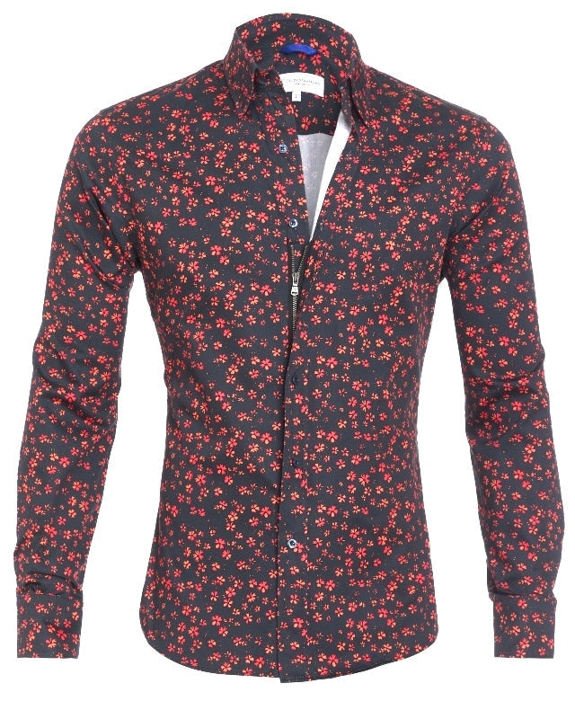 Red Floral Party Shirt - Red Flowers on Navy