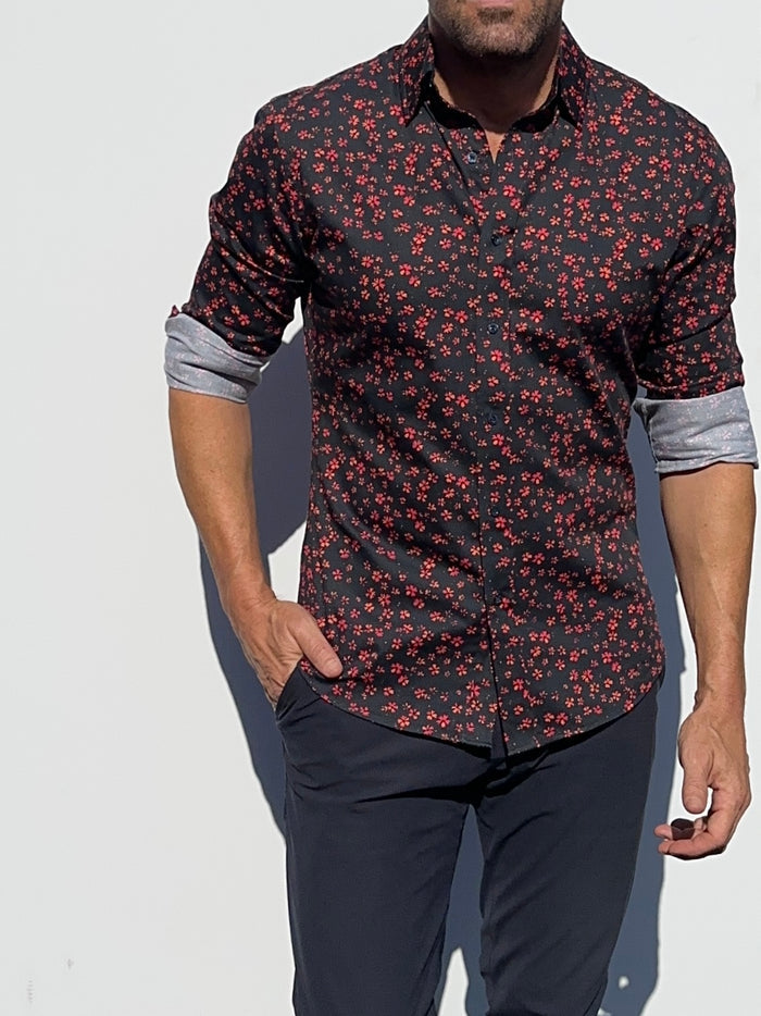 Red Floral Party Shirt - Red Flowers on Navy