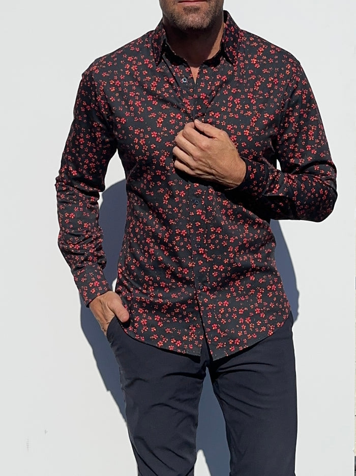 Red Floral Party Shirt - Red Flowers on Navy