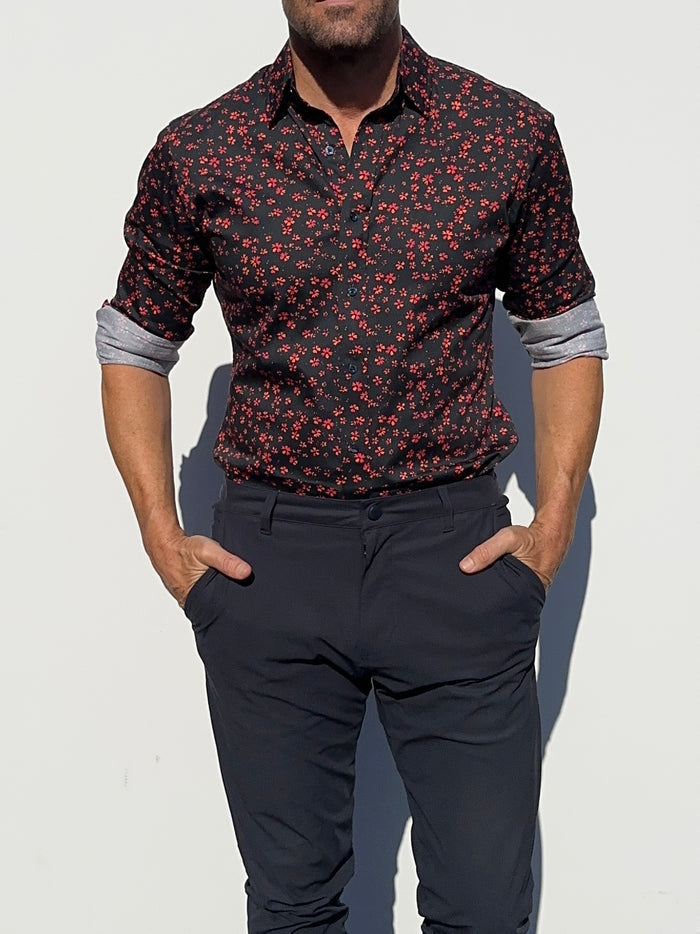 Red Floral Party Shirt - Red Flowers on Navy