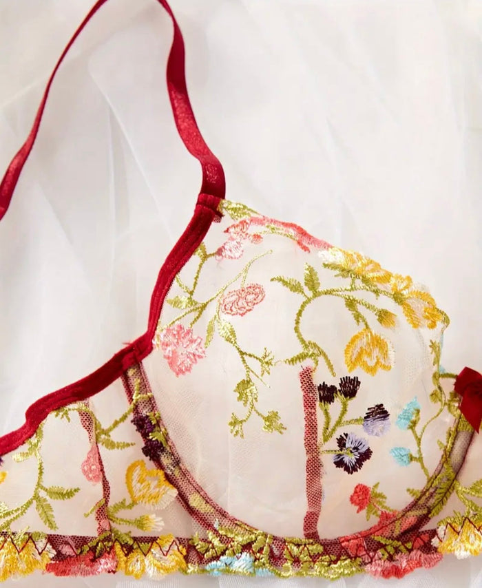 Red Lingerie Set Floral Embroidery - Self Care Shop