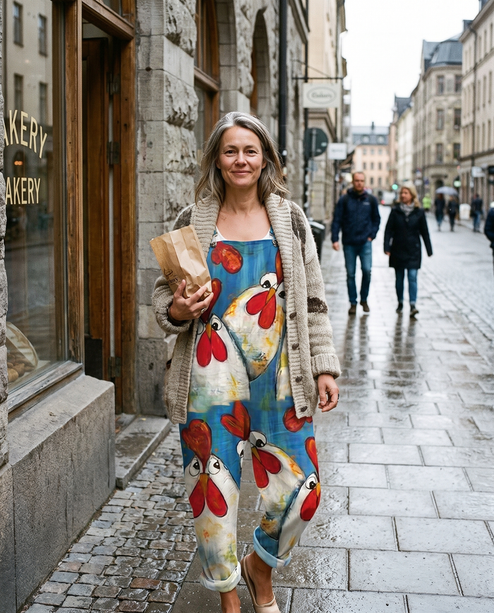 Roosa printed wide-leg jumpsuit worn outside a bakery
