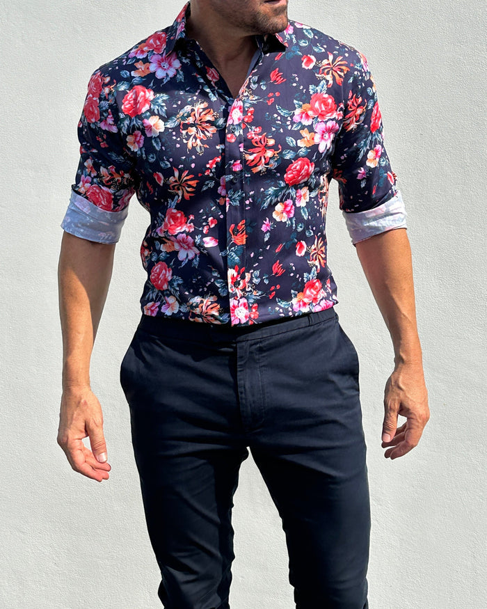 Rose Garden Party Shirt - Rose Garden on Navy