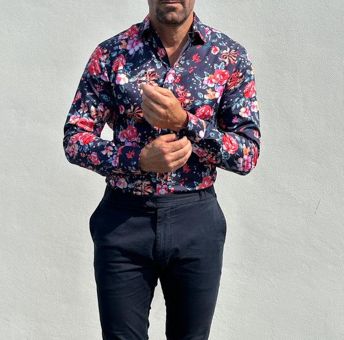 Rose Garden Party Shirt - Rose Garden on Navy