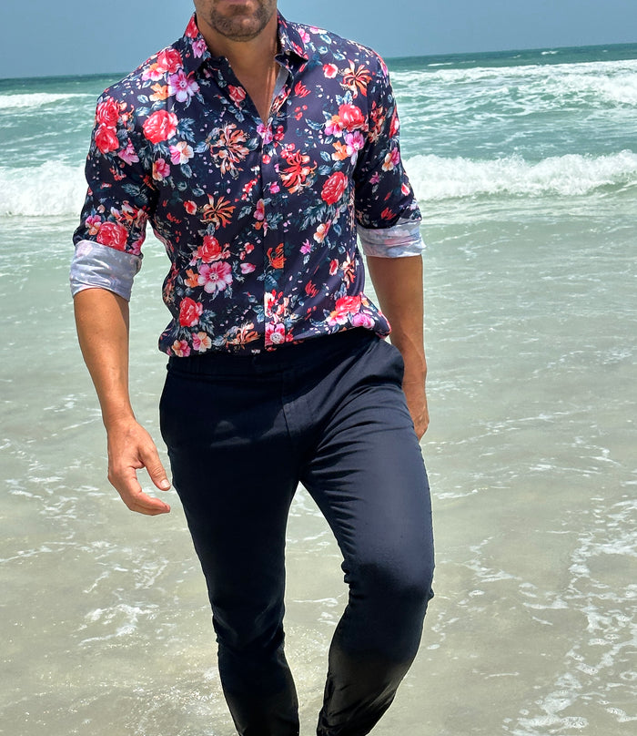 Rose Garden Party Shirt - Rose Garden on Navy