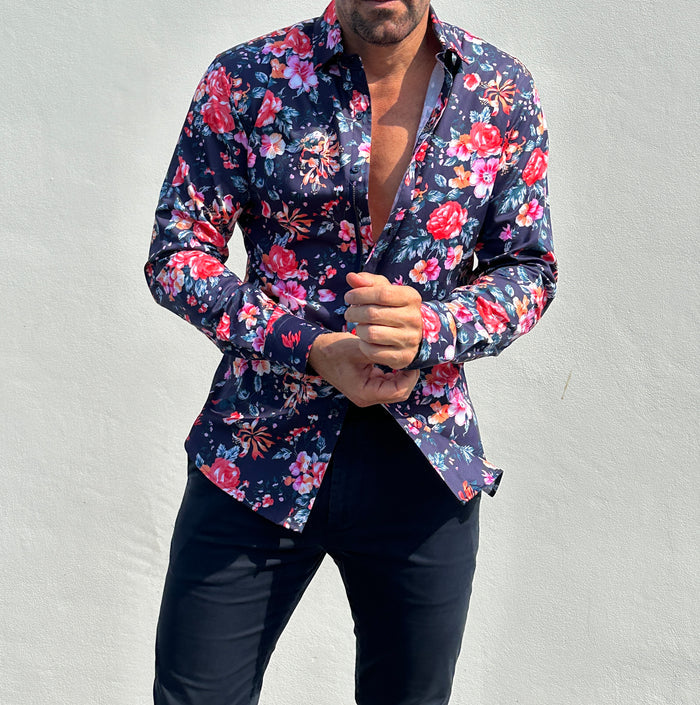 Rose Garden Party Shirt - Rose Garden on Navy