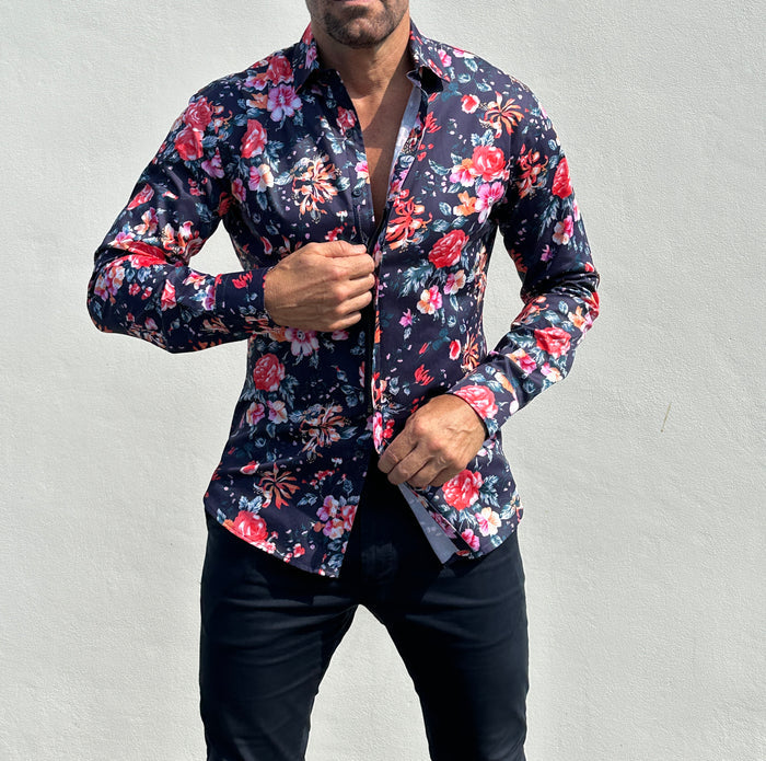 Rose Garden Party Shirt - Rose Garden on Navy