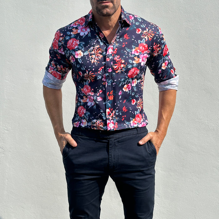 Rose Garden Party Shirt - Rose Garden on Navy