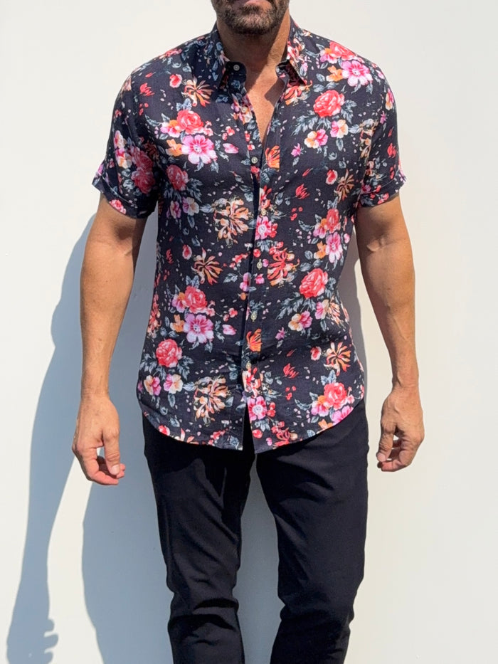Roses Party Shirt on Linen- Small Batch #685