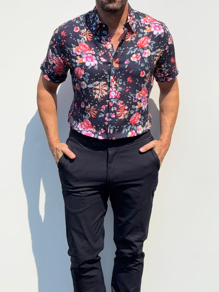 Roses Party Shirt on Linen- Small Batch #685