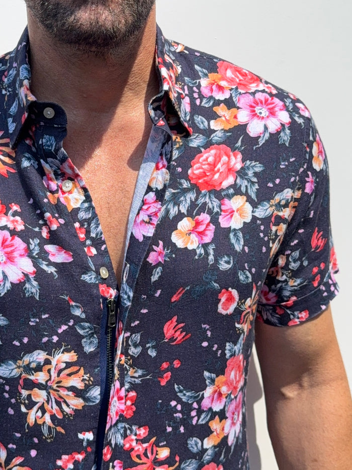 Roses Party Shirt on Linen- Small Batch #685