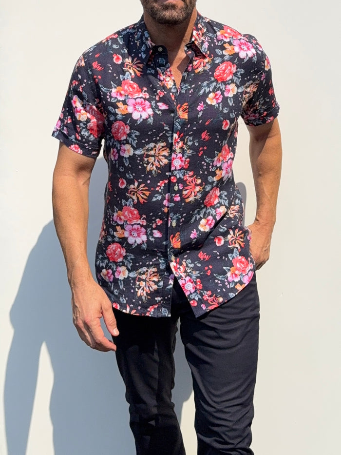 Roses Party Shirt on Linen- Small Batch #685