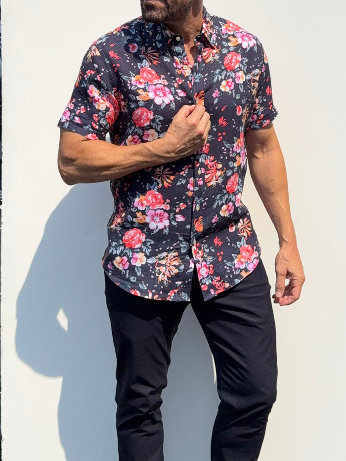 Roses Party Shirt on Linen- Small Batch #685