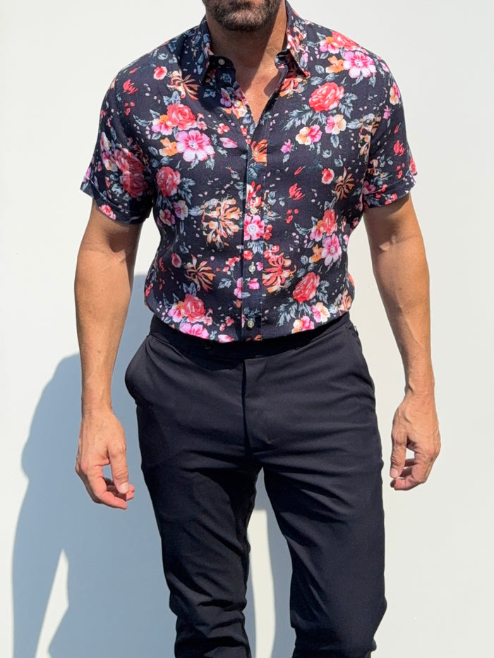 Roses Party Shirt on Linen- Small Batch #685