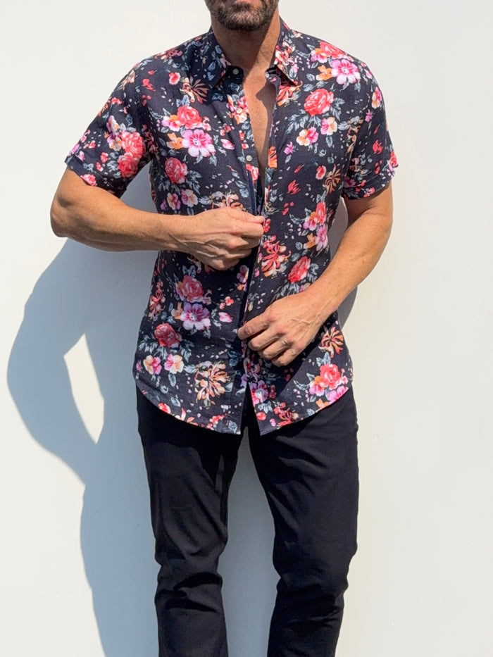 Roses Party Shirt on Linen- Small Batch #685