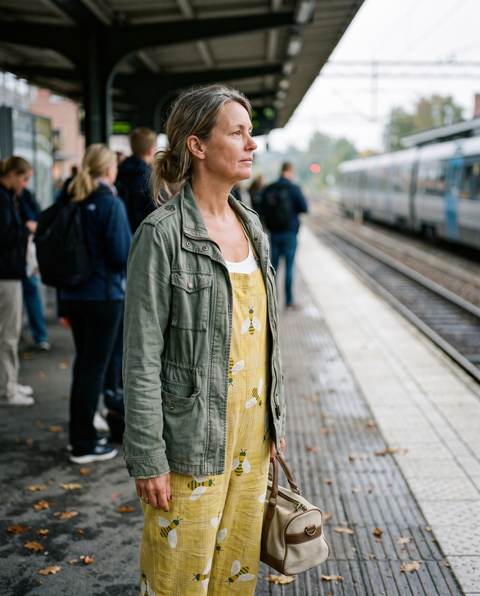 Saana printed wide-leg jumpsuit worn on a train platform