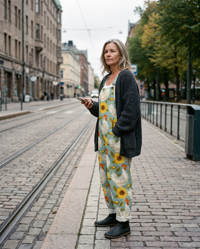 Sanni printed wide-leg jumpsuit worn at a tram stop