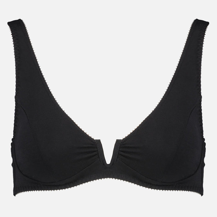 Videris Lingerie Sarah underwire free soft cup bra in black TENCEL™ with a scooped plunge cup and front U wire