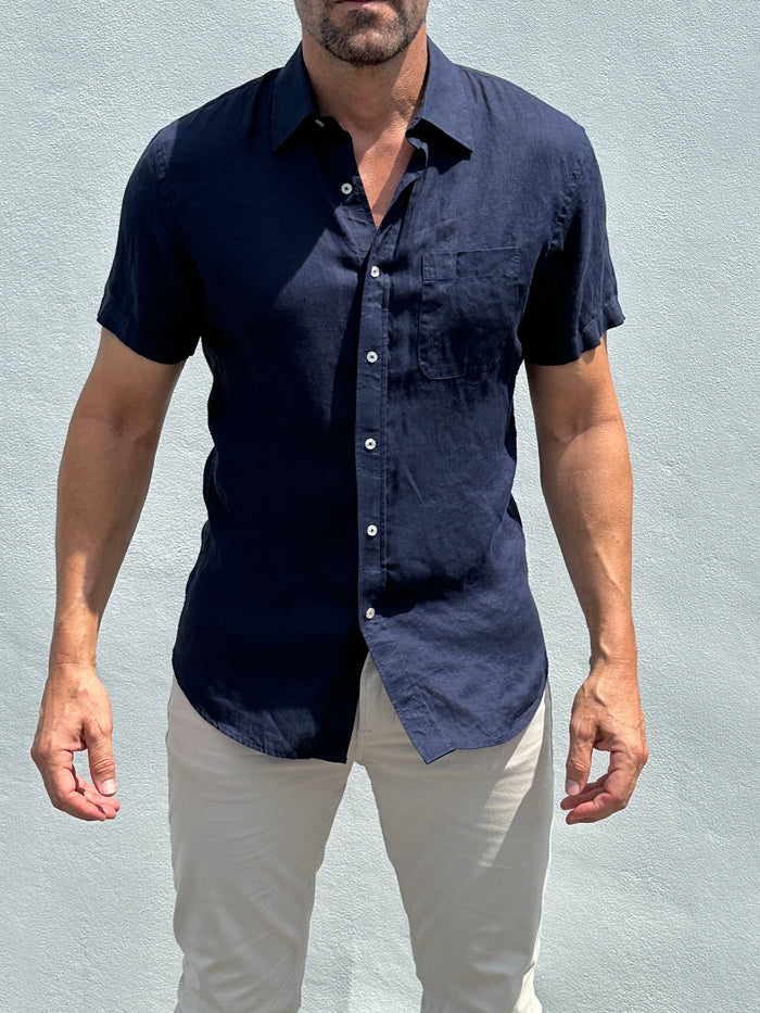 Short Sleeve 1-Pocket Linen Shirt - Navy