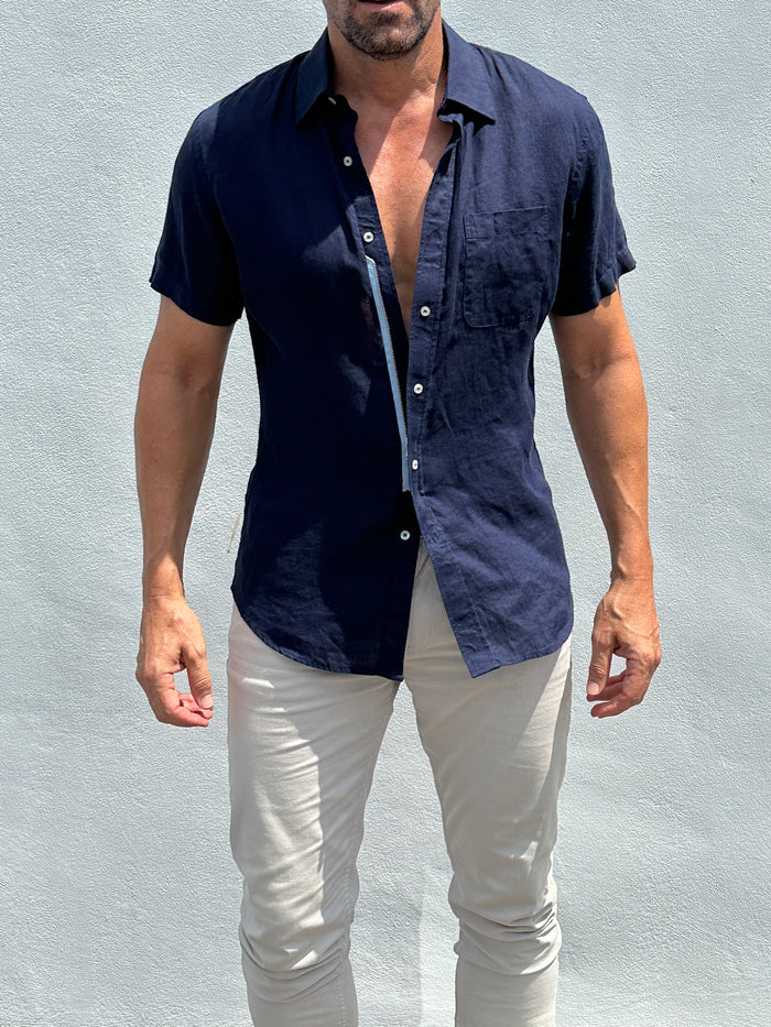 Short Sleeve 1-Pocket Linen Shirt - Navy