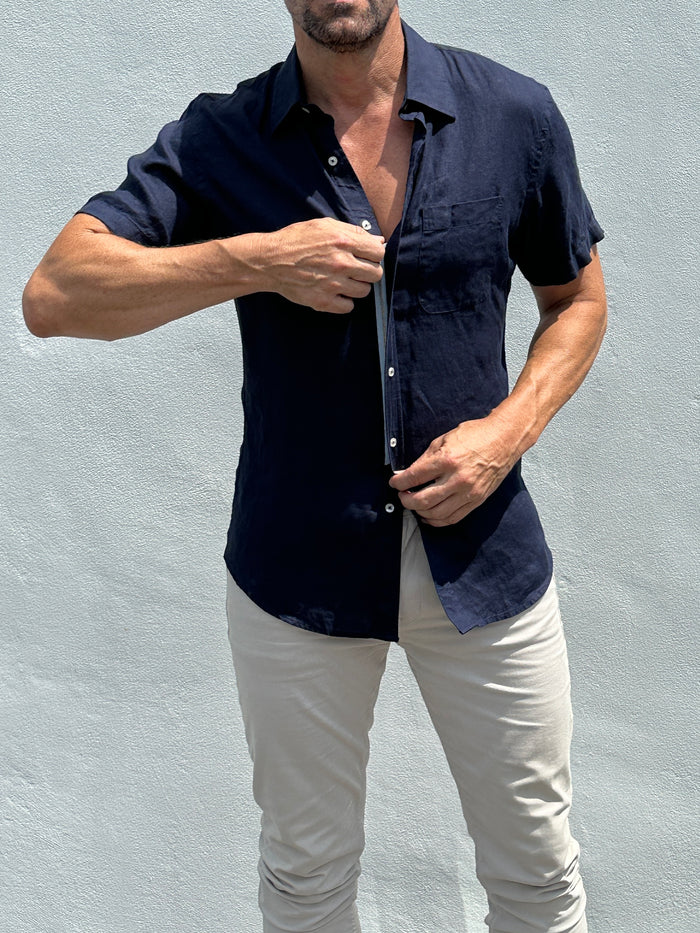 Short Sleeve 1-Pocket Linen Shirt - Navy