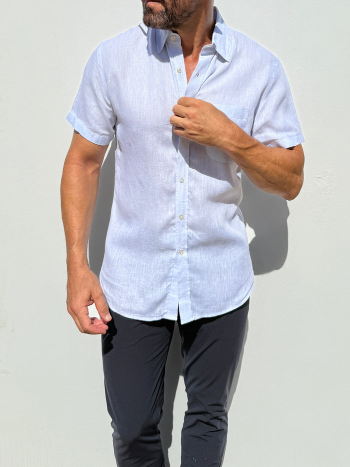 Short Sleeve 1-Pocket Linen Shirt - Pale Blue
