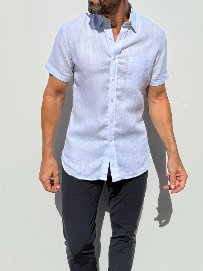 Short Sleeve 1-Pocket Linen Shirt - Pale Blue