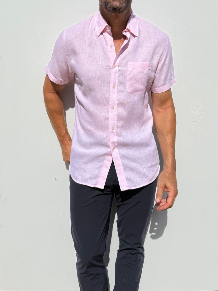 Short Sleeve 1-Pocket Linen Shirt - Pink